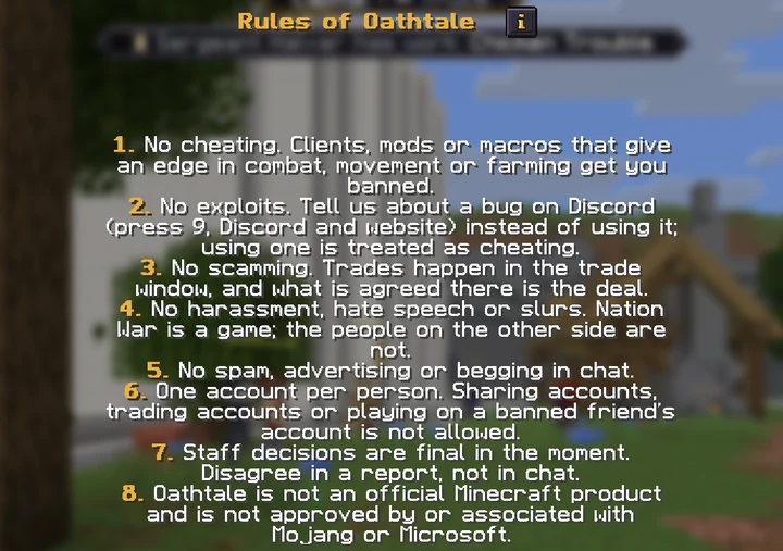The rules screen in game: Rules of Oathtale and its eight numbered rules, over the blurred capital