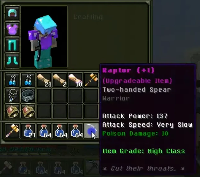 A SweMine inventory with a tooltip: Raptor (+1), upgradeable item, two-handed spear, Item Grade: High Class