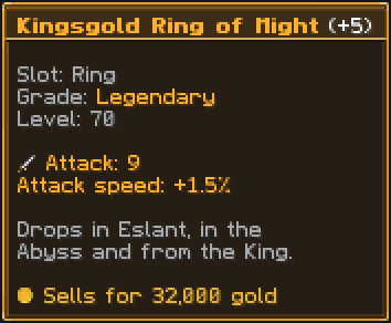 The Kingsgold Ring of Might at +5 as the game shows it: Legendary, level 70, attack 9, attack speed +1.5%, sells for 32,000 gold