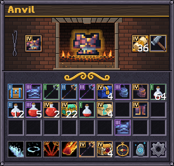 The anvil screen in game: a brick forge hearth with a piece of armour glowing in its fire, tongs on the wall, a scroll and a hammer beside it, and the bag below