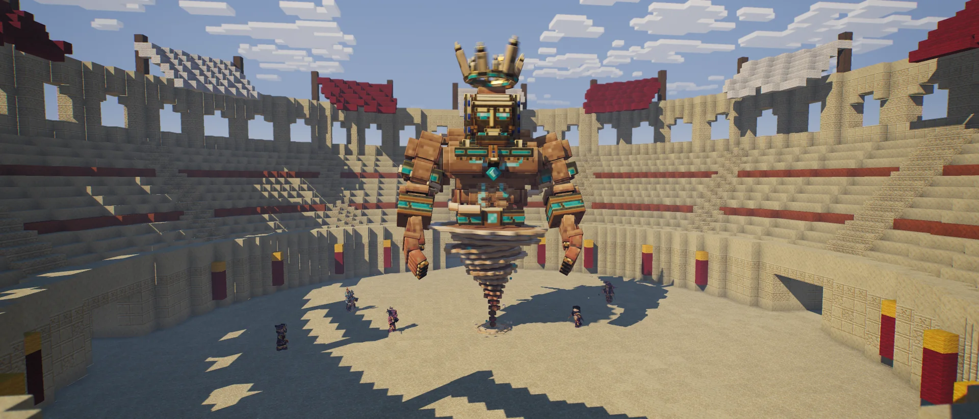 Inside the Arena: a round pit of sand ringed by tiered sandstone stands under red and white awnings, the Sandstorm Djinn floating in the middle on its whirlwind and five players spread out around it