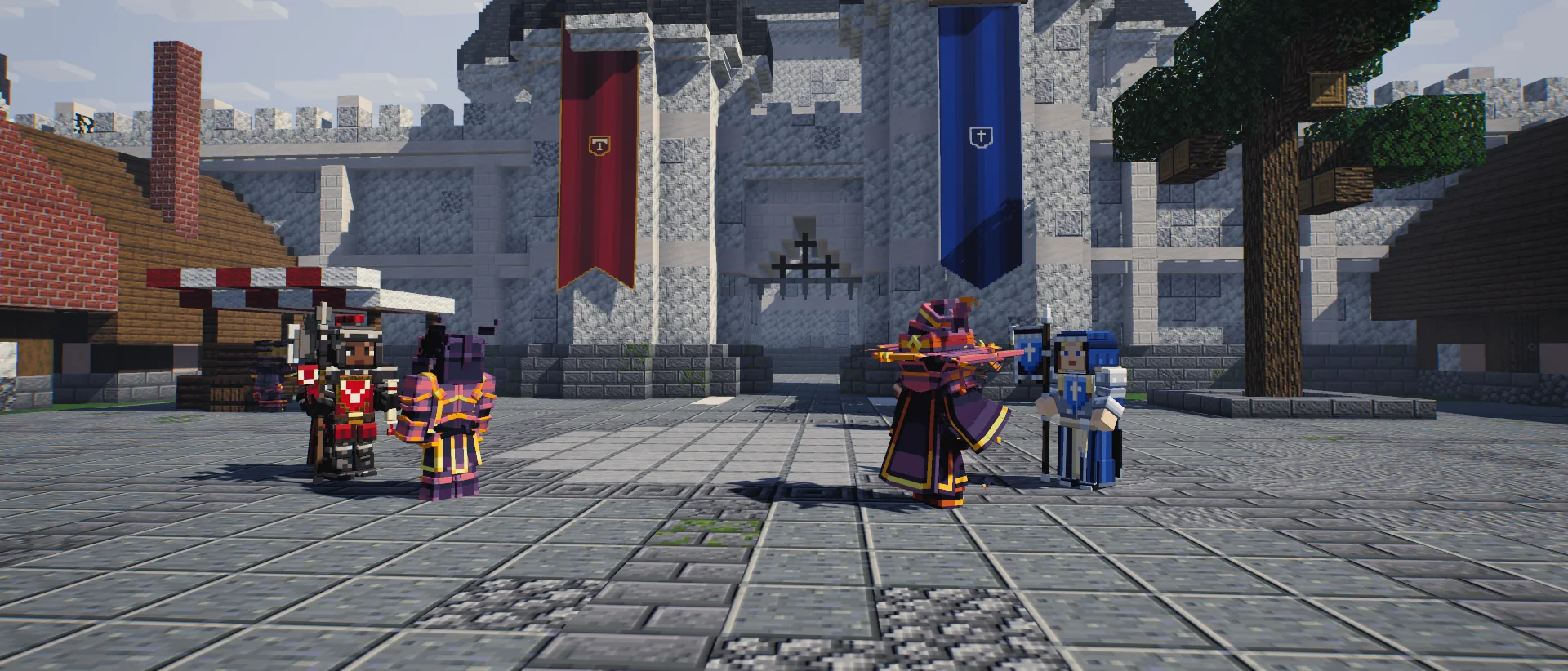 The capital's square at noon before the castle gate, a red Tarus banner and a blue Humana banner hanging from its two towers: a warrior swears to the Tarus Envoy on the left, a mage to the Humana Envoy on the right, an archer stands at Katja's stall and two players cross the square
