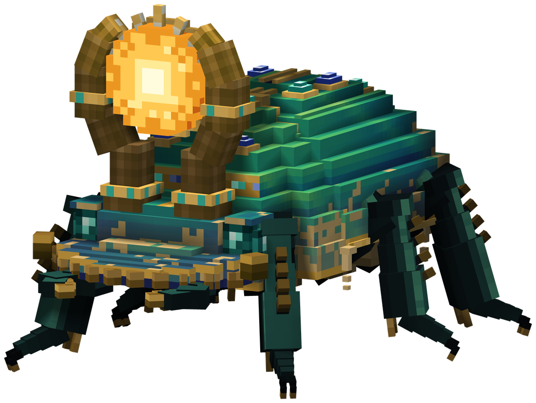 The Scarab Matriarch: a teal and gold beetle with a sun disc between curled horns