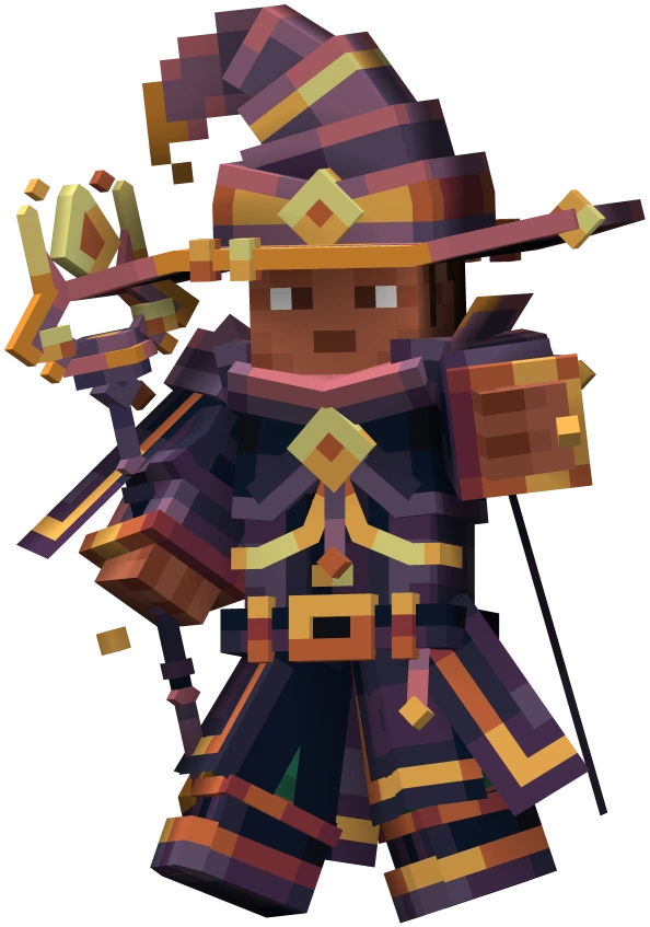 A mage in the Voidweave hat and robe, with the Meteor Staff