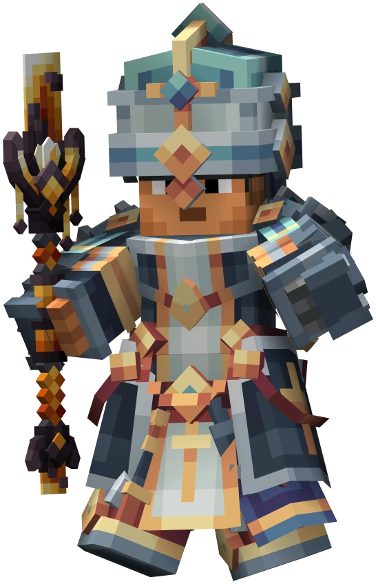 A priest in the Saint crown and armour, holding the Last Rites sceptre