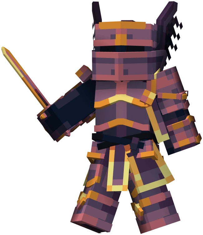 A warrior in the Hellforged armour, the Hell Breaker sword raised