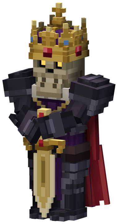 The King: a skeletal king in blackened plate and a purple surcoat under the gold Crown, a great golden sword planted point-down before him