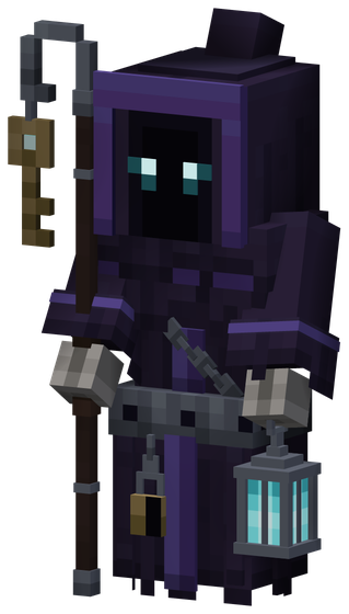 The Warden: a hooded figure in deep purple bound in chains, nothing in the hood but two cold eyes, a caged lantern in one hand and a staff hung with the Abyss key in the other