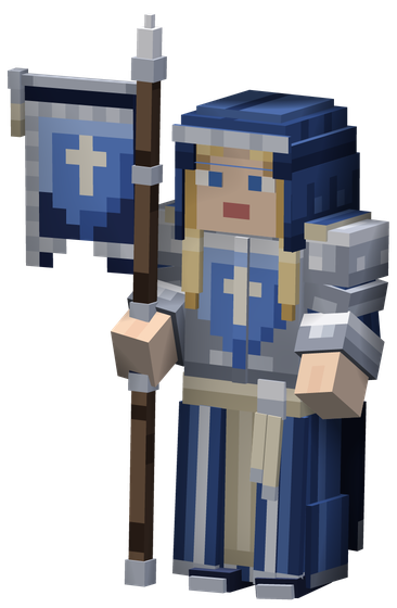 The Humana Envoy: a blue hooded robe and a blue banner with a white cross