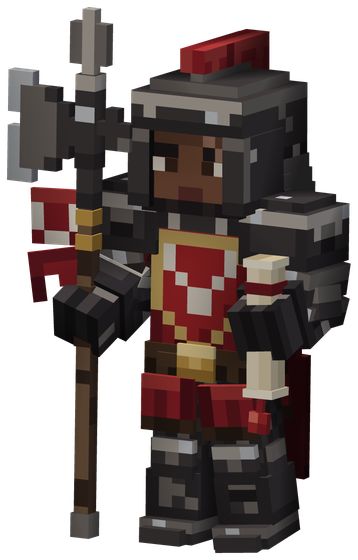 The Tarus Envoy: blackened iron plate under a crimson tabard with the pale horns of Tarus, a crimson pennant on his halberd and a sealed scroll in his fist
