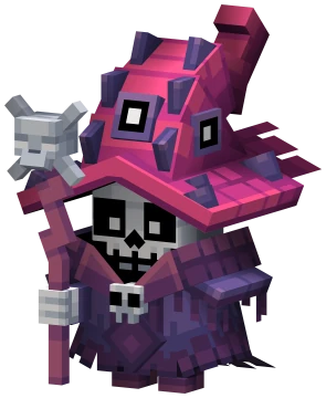 The Skelly Warlock: a small skeleton under a spiked pink hood, with a skull staff