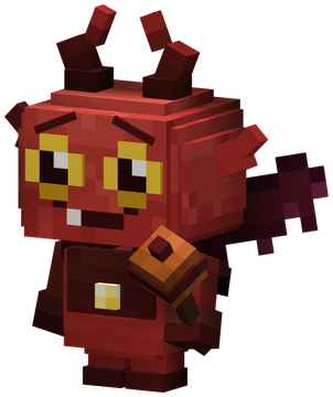 The Crimson Imp: a little crimson imp with a toy war hammer and a gem on its chest