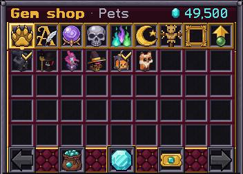 The gem shop in game on its Pets tab: nine gold-framed tabs along the top, the pet icons in the grid below them, and the gem balance in the corner