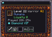 A profile in game in the Emberwood frame: a Humana warrior, level 22 and second on the ladder, loyalty, time played, the Diamond VIP star, and a row of worn gear