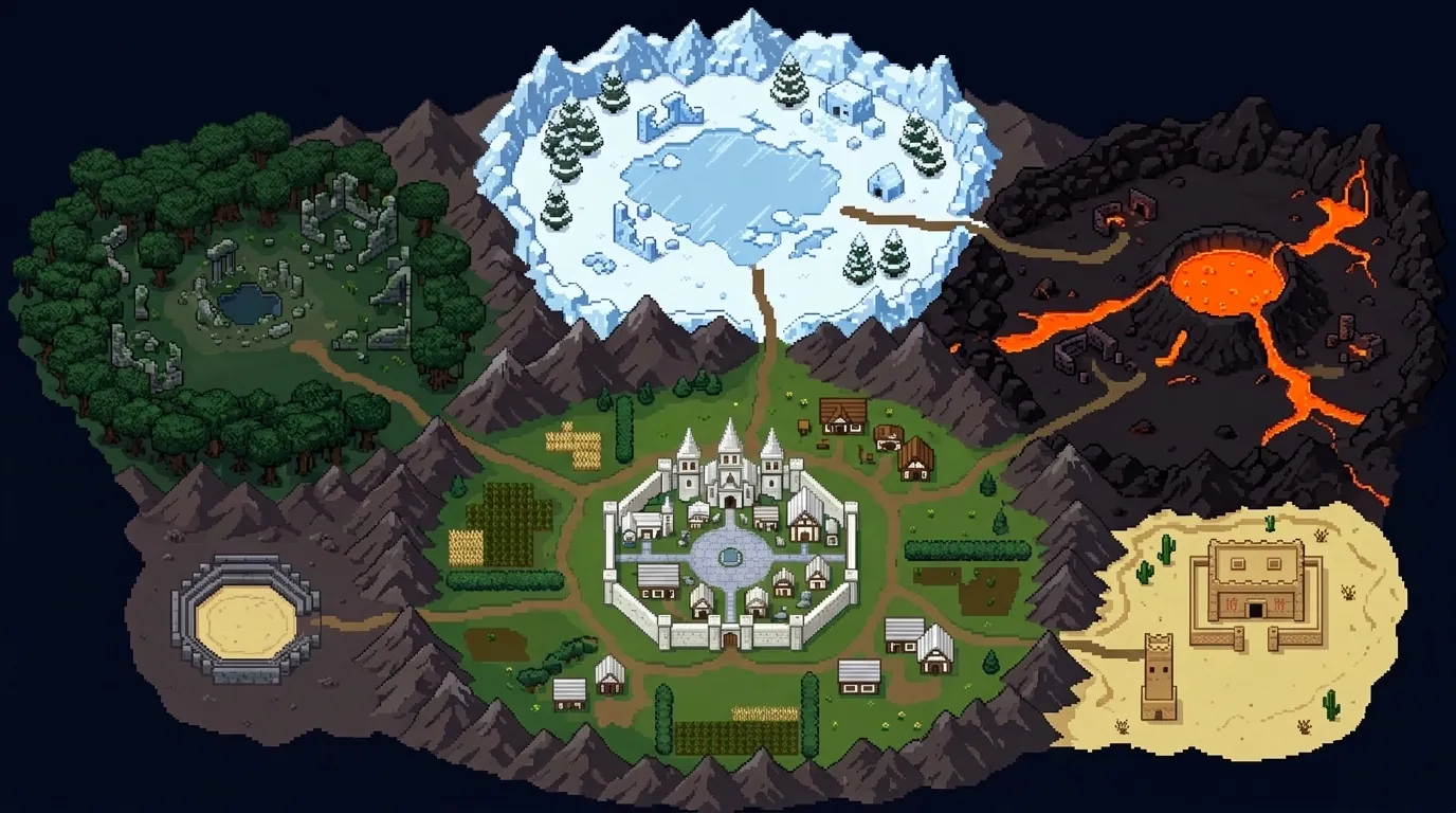 A drawn map of the realm: the walled capital and its farmland in the middle, a dark forest with ruins to the west, a frozen valley to the north, volcanic highlands to the east, a desert with a sandstone hall to the south-east and a round sand arena to the south-west